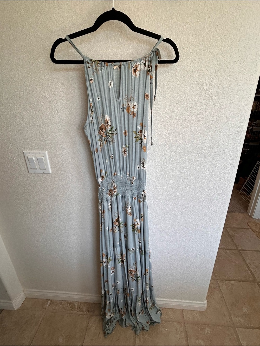 lovestitch Light Blue Floral Maxi Dress with Smocked Waist and Spaghetti Straps